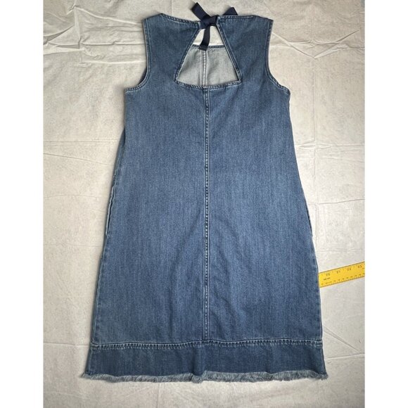 J.Jill Denim XS Petite Shift Tie Dress Blue Cotton Pockets Raw Hem Sleeveless - Picture 2 of 8